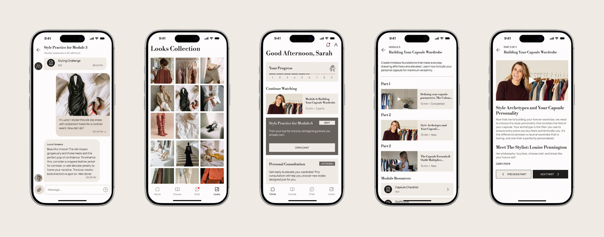 Mood Atelier app screens — chat with your stylist, looks collection, course home, module view and lesson player